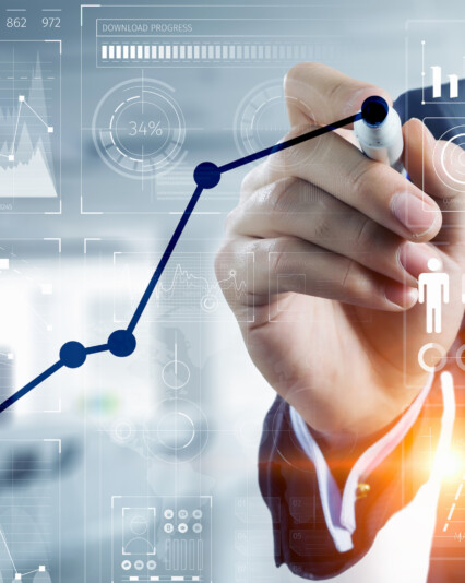 Close of businessman hand drawing virtual chart on touch screen . Mixed media