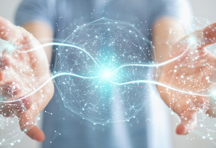 Businessman on blurred background using digital network connection sphere 3D rendering